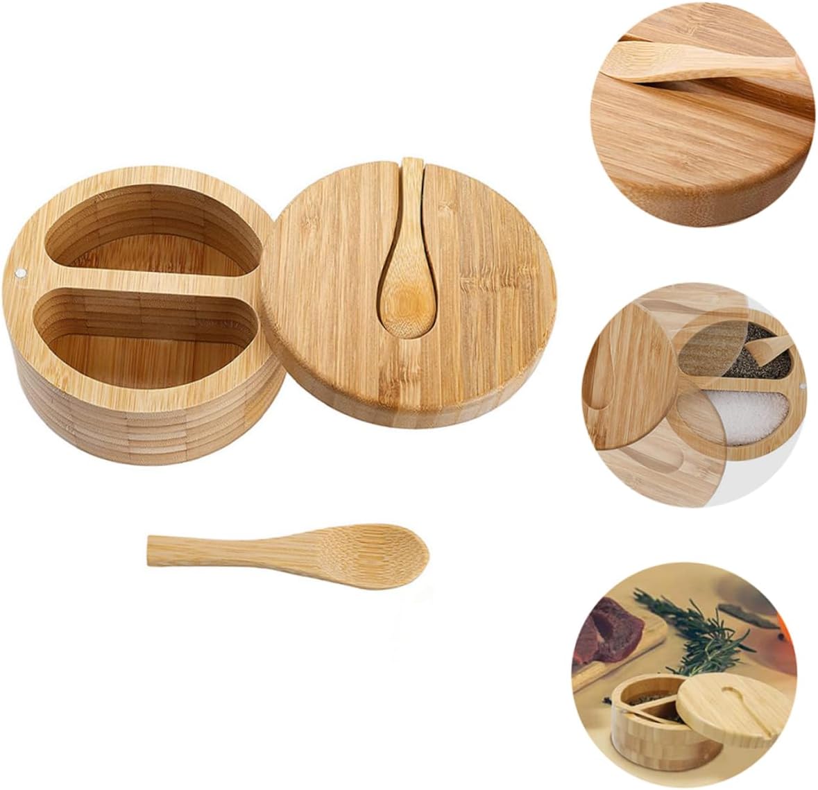 Bamboo Condiment Pot with Spoon, Seasoning Jar for Kitchen