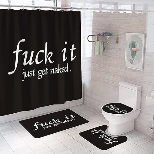 Miniatura 2 de Fuck It - Juego de baño de tres piezas Get Naked, alfombra antideslizante impermeable, cubierta de inodoro y tapete de baño (negro, ver imagen