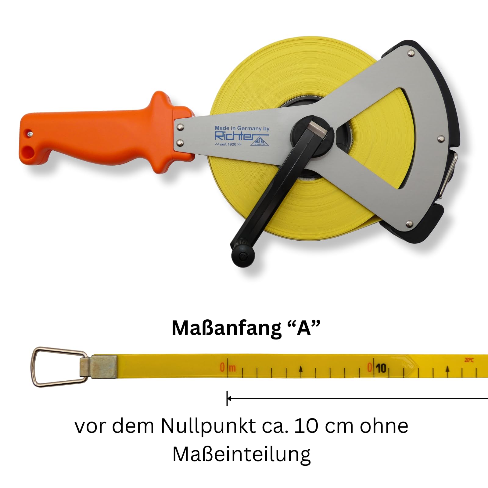 Richter Mètre Ruban Fibre De Verre Professionnel 30m X 16mm - Début De Mesure “A”- Cadre Métallique En V Robuste - Graduation Cm - Résistant -40°C – Ensemble avec 1 mètre pliant DEWEPRO® de 2m