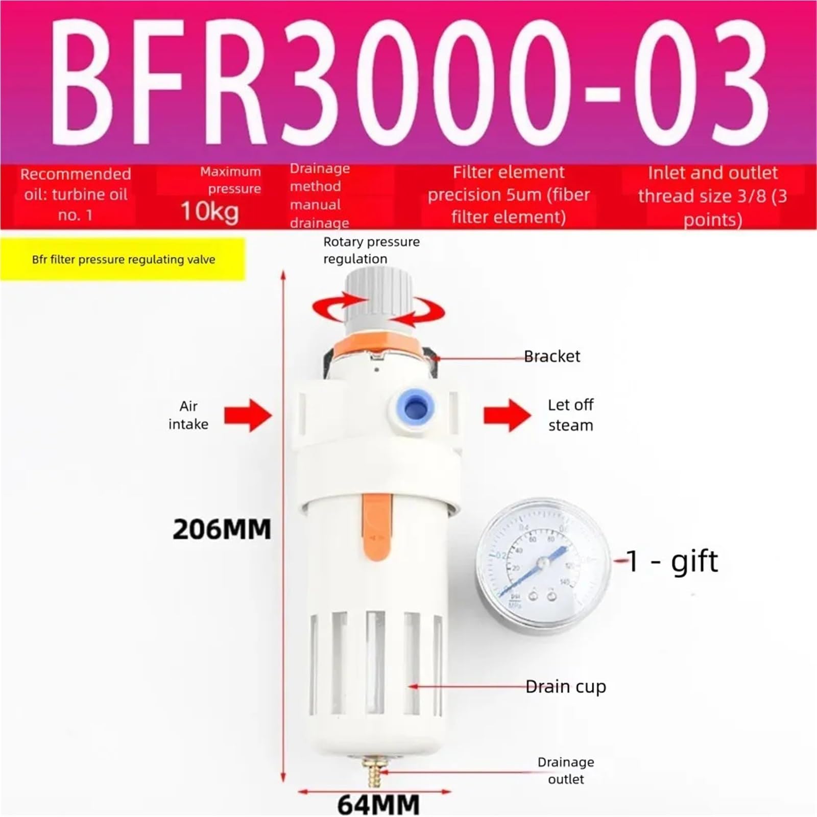Jednostka uzdatniania powietrza, regulator filtra powietrza, z automatycznym opróżnianiem, do przemysłowej kontroli ciśnienia, 1 szt. (BFR3000-03)