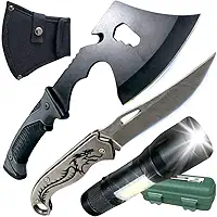 Canivete Tático Dobrável, Machado Multiuso, Lanterna Recarregável, Kit Sobrevivência, Ferramenta Tática para Camping, Caça, Pesca, Emergências, Aventura e Defesa Pessoal, Compacto e Resistente