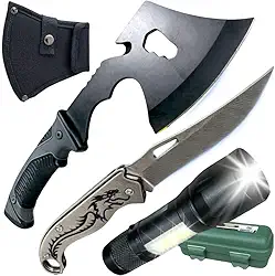 Canivete Tático Dobrável, Machado Multiuso, Lanterna Recarregável, Kit Sobrevivência, Ferramenta Tática para Camping, Caça, Pesca, Emergências, Aventura e Defesa Pessoal, Compacto e Resistente