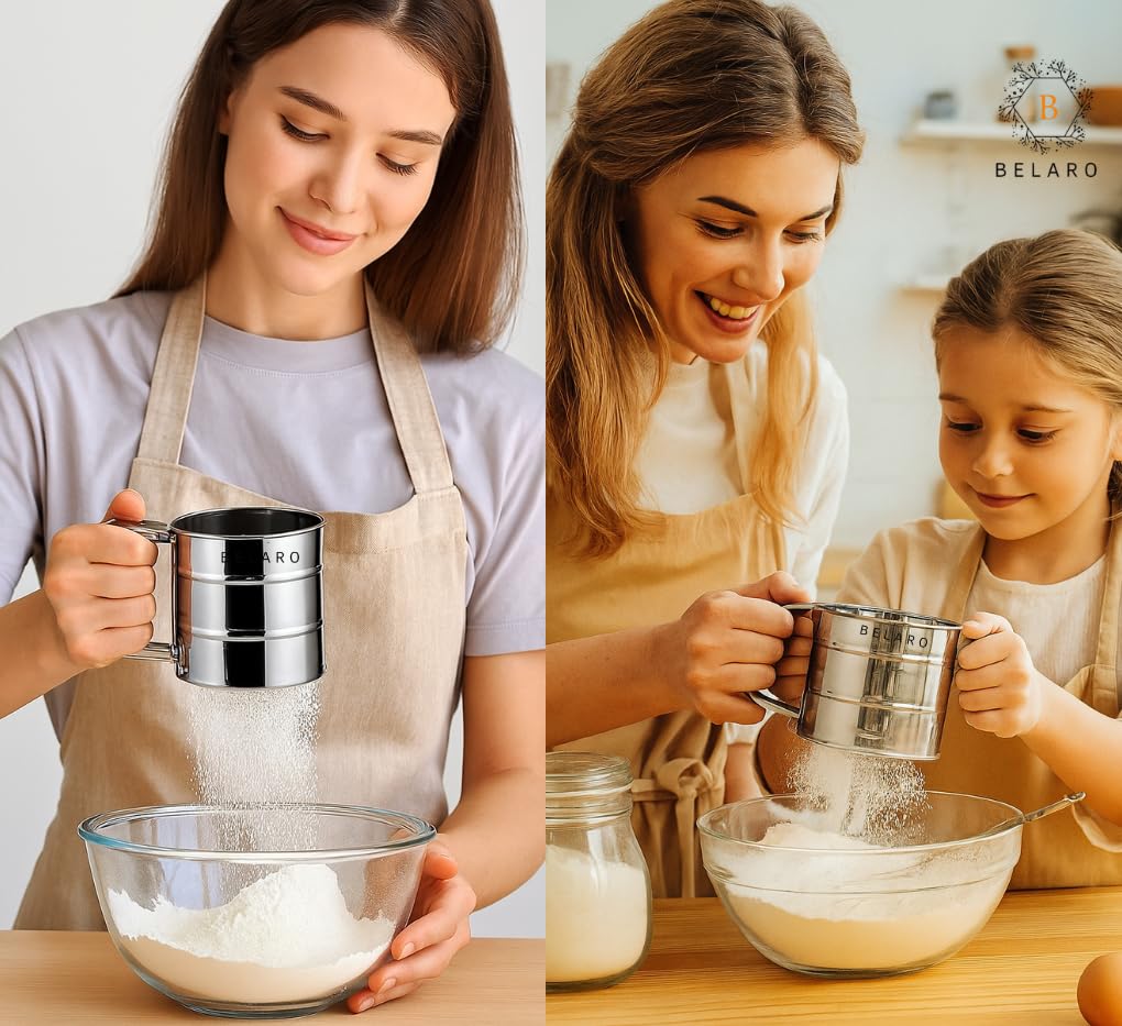 Mehlsieb, 3 Tassen Sieb zum Backen, Edelstahl Mehlsieb zum Backen von Kuchen, Gebäck, Kuchen, Cupcakes und Desserts, Puderzuckerstreuer Staubwedel, mit Handpress-Design