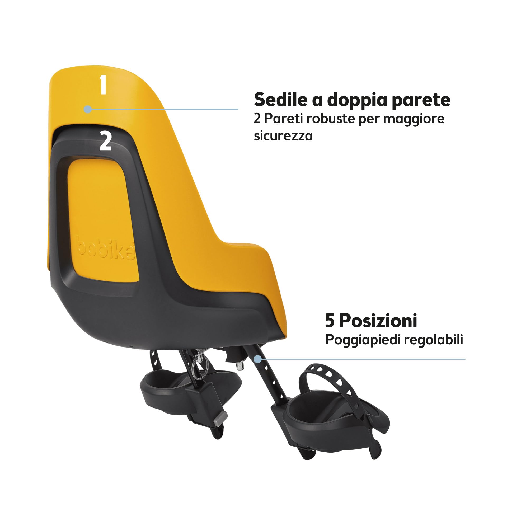 BOBIKE 8012000023 - Seggiolino anteriore ONE MINI per bicicletta con ruote da 26” a 29” adatto per bambini con un peso massimo di 15kg con attacco sul tubo di sterzo in colore Potente Senape