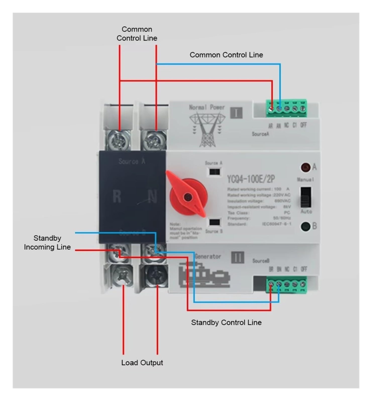 Interruptor de transferencia automática 2P Din Rail ATS Doble potencia Interruptor de Transferencia Automática interruptores selectores eléctricos potencia 63A 100A(100A)