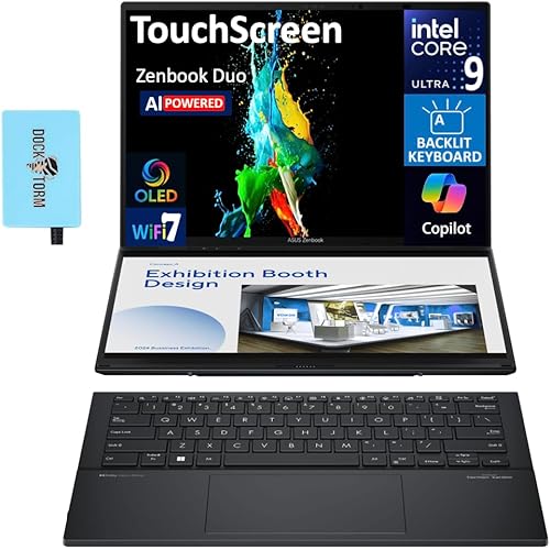 ASUS Zenbook DUO AI Powered 2-in-1 Laptop 14.0" Touchscreen OLED WUXGA Display (Intel Ultra 9-285H, 32GB LPDDR5X, 4TB PCIe SSD, Backlit KB, 2 Thunderbolt 4, WiFi 7, Win 11 Pro) w/DKZ USB Port Expander
