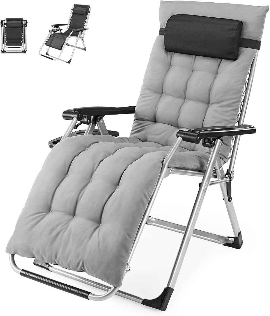 Zero Gravity Chair, Folding Patio Recliner with Cup Holder Trays | Portable Patio Chairs, Lounge Chair for Outdoor, Indoor, Beach, Pool, Camping, Balcony, Porch, Gray