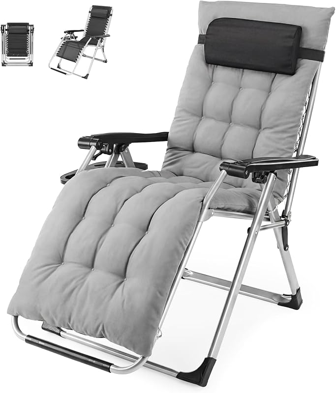 Zero Gravity Chair, Folding Patio Recliner with Cup Holder Trays | Portable Patio Chairs, Lounge Chair for Outdoor, Indoor, Beach, Pool, Camping, Balcony, Porch, Gray