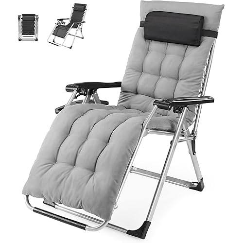 NEWBULIG Zero Gravity Chair, Folding Patio Recliner with Removable Cushion & Cup Holder Trays, Portable Lounge Chair for Beach & Camping, Classic Grey