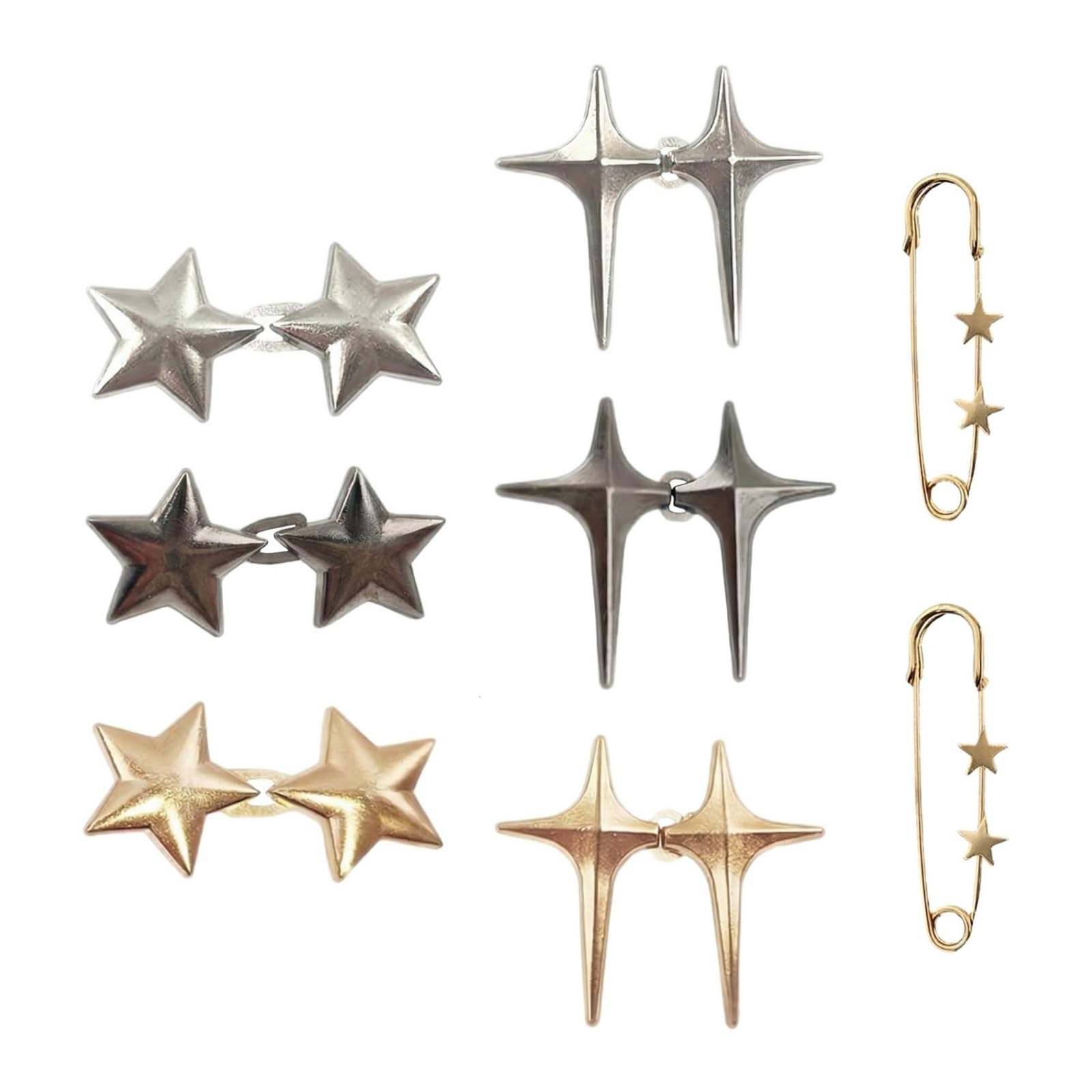 Jean Waist Tightener Clips 6 Pairs – Star Waistband Adjusters – Adjustable No Sew Clips for Jeans Trousers Skirts and Sweaters