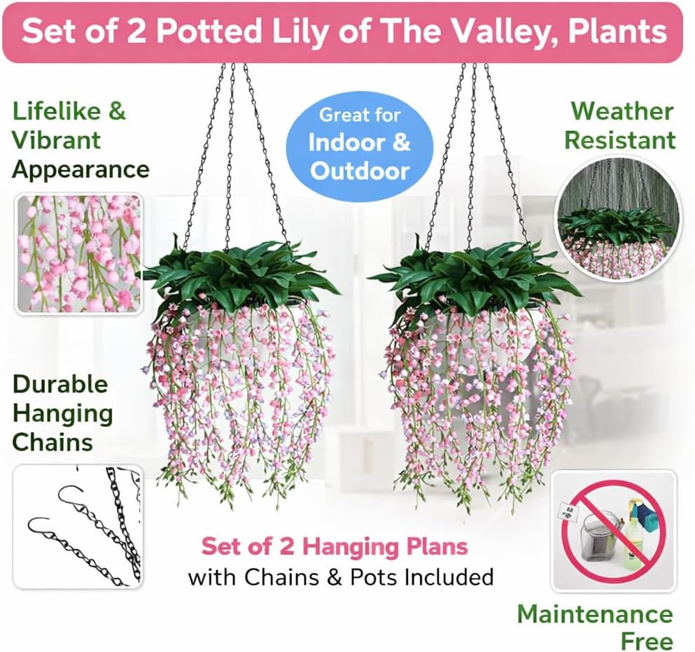 alyptus Fake Plants Lily of The Valley, Set of 2 Potted Lily of The Valley Plants – Soft Green Stems with Pink Blooms, Elegant Fake Hanging Flowers for Home Office Balcony Patio.