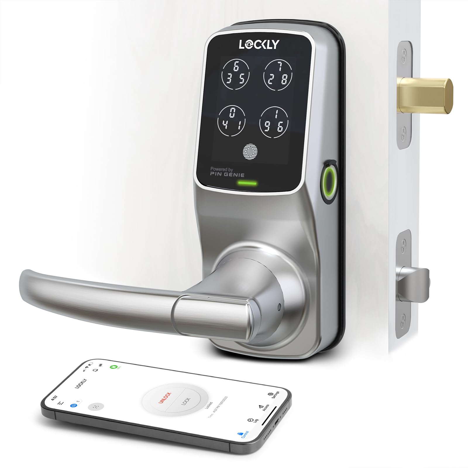 Lockly Duo Interconnected Deadbolt+Latch (PGD678W), Front Door Handle and Deadbolt Set, 3D Biometric Fingerprint Sensor, PIN Genie® Keypad, APP Remote Control (Satin Nickel)