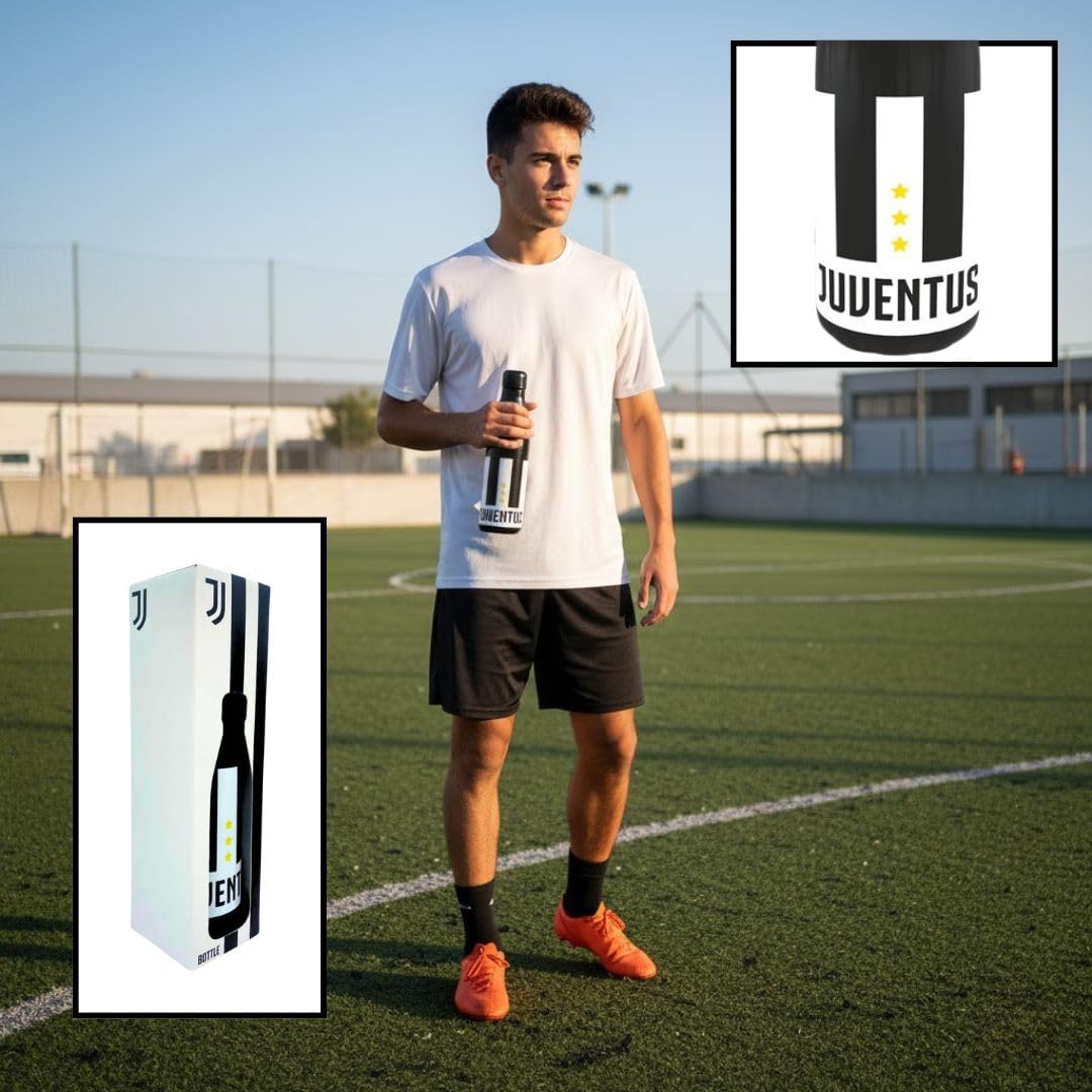 JUVENTUS Set Regalo con Borraccia 500ml, Sacca Sport con Coulisse, Pallone da Calcio, Nero e Bianco
