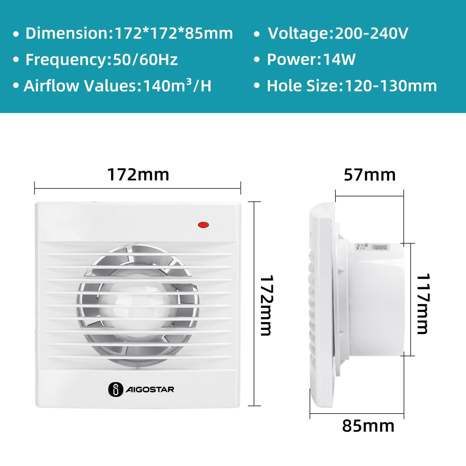 Aigostar Aspiratore da Bagno Ø 120 mm, Ventilatore da Bagno con valvola di ritorno, Ventilazione estrazione Ultra silenzioso, 14W, Funzionamento Silenzioso, Per cucina, WC, Bagno