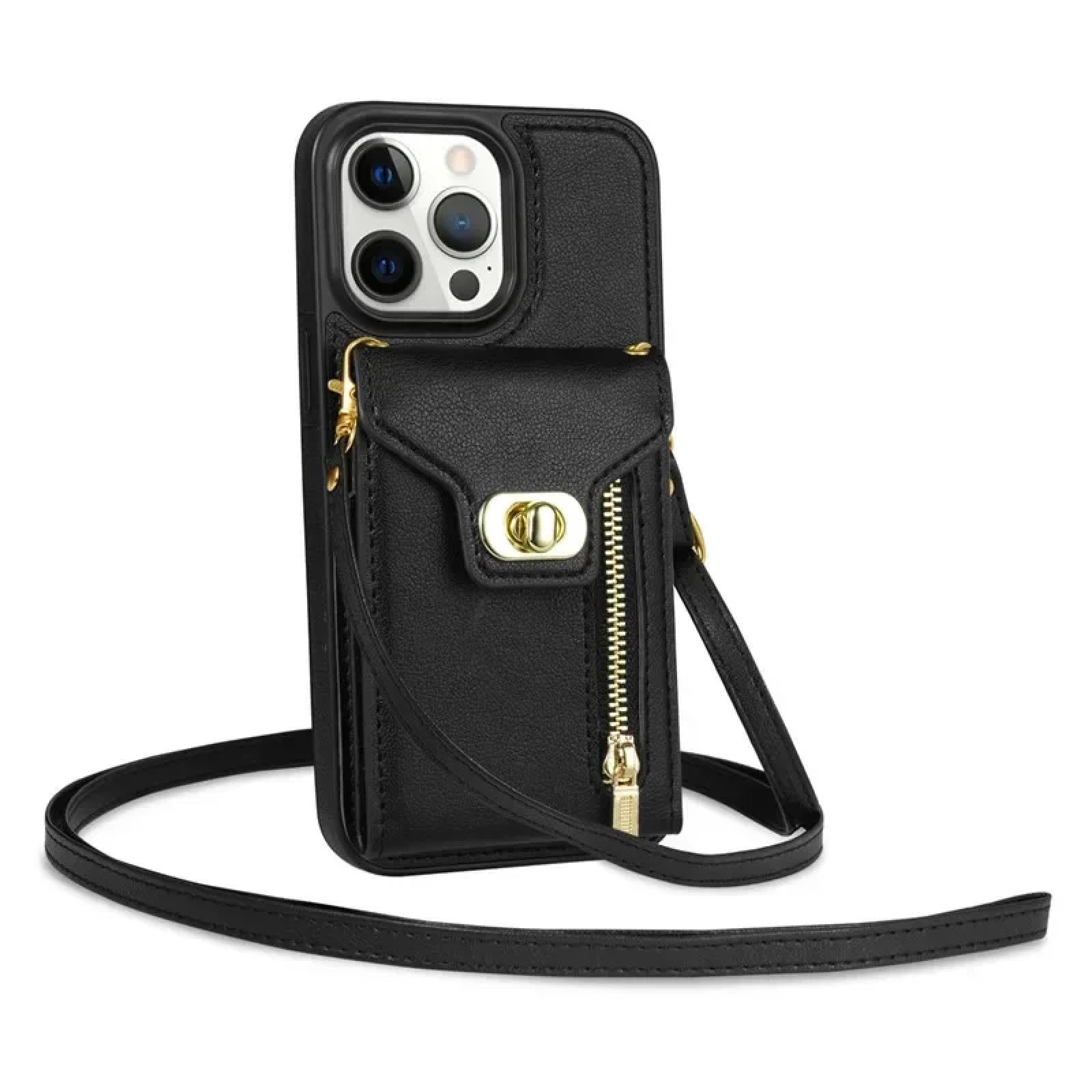 Für iPhone 15 Plus Lanyard Leder Reißverschluss Brieftasche Karte Handyhülle Geldbörse Flip Stand Cover (Für iPhone 15 Plus/schwarz)