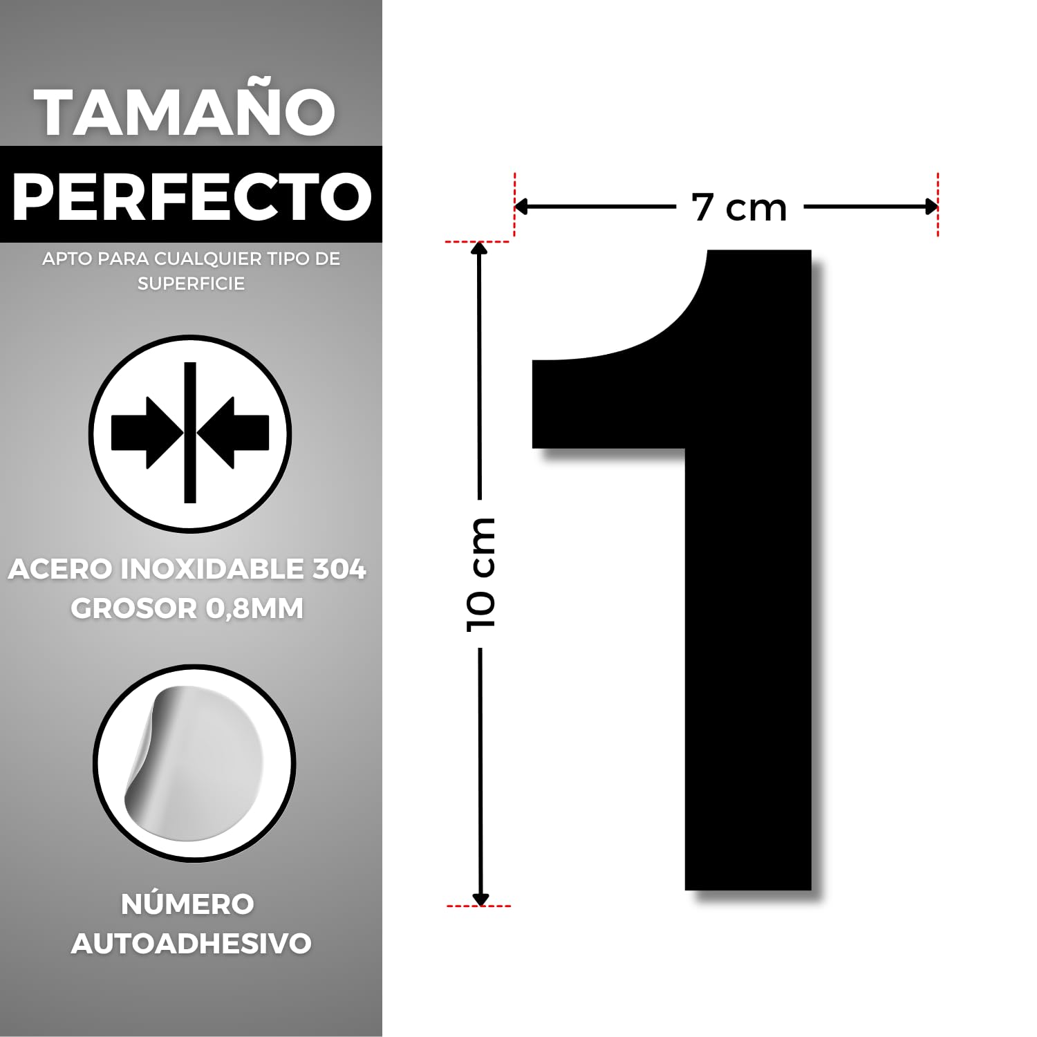 Número Adhesivo Casa - 100 mm - Acero Inoxidable 304 - Nº 1 - Número Apartamento Hotel - Enumeración Puertas - Número dirección - Exterior e Interior - Número 1 (1, 100 mm)