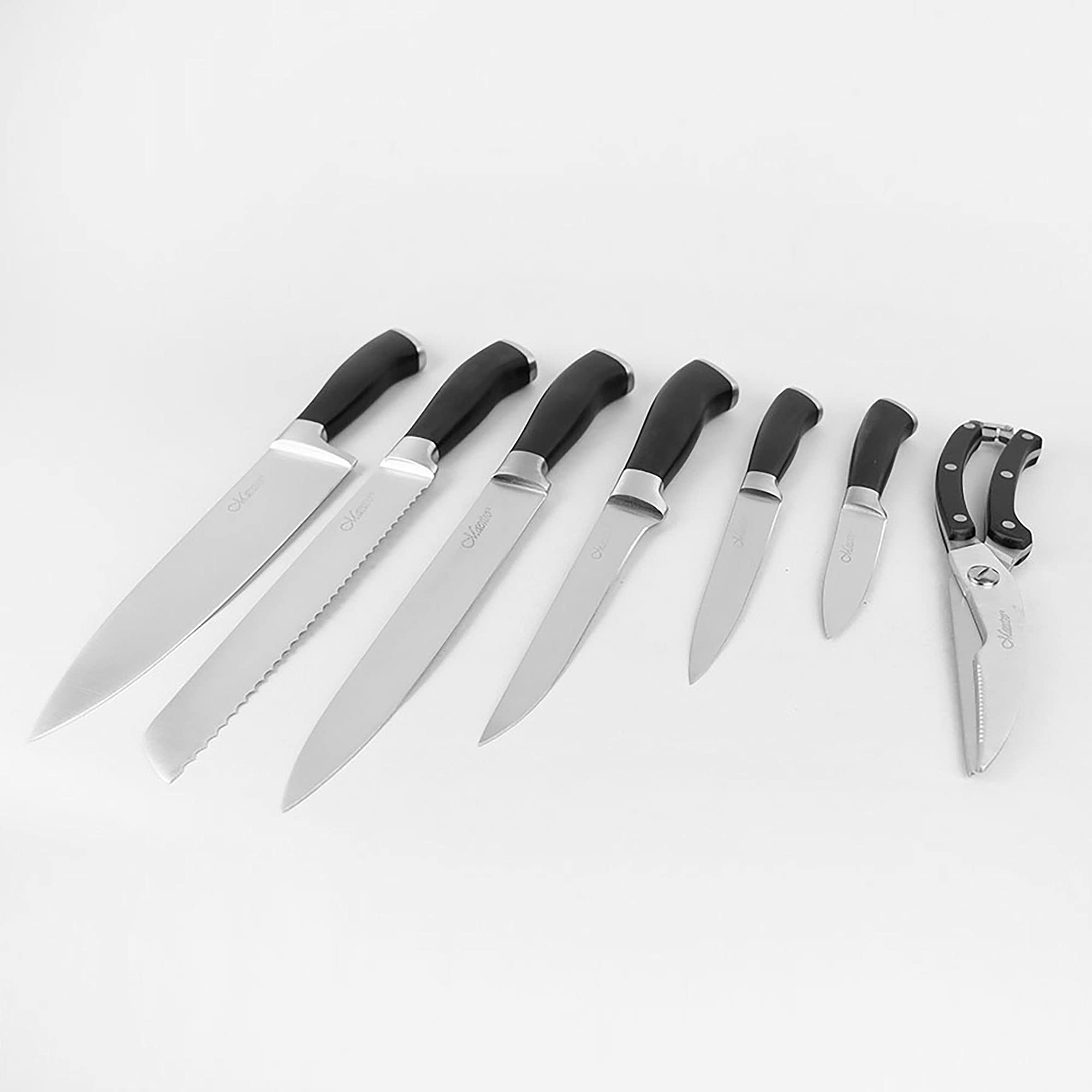 Maestro MR-1422 Blocchi Coltelli Cucina Professionale, 8 pz.,Stecca in Legno Design Moderno, 6 Lame in Acciaio Inossidabile, Maniglie Ergonomiche, Forbici
