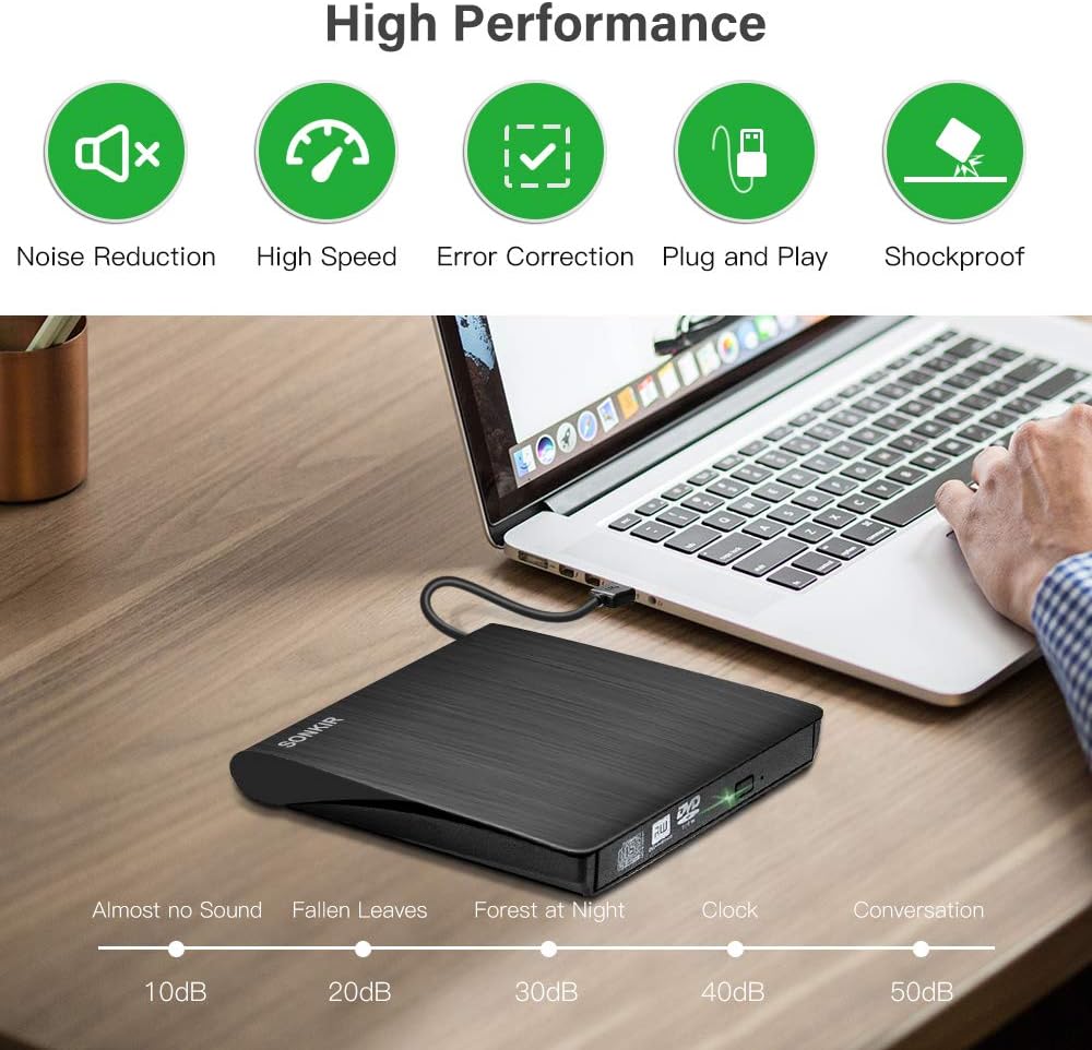 SONKIR USB 3.0 External DVD CD Drive & CD DVD +/-RW Writer/Rewriter/Player High Speed Data Transfer for Laptop Windows XP/Vista/7/8/10