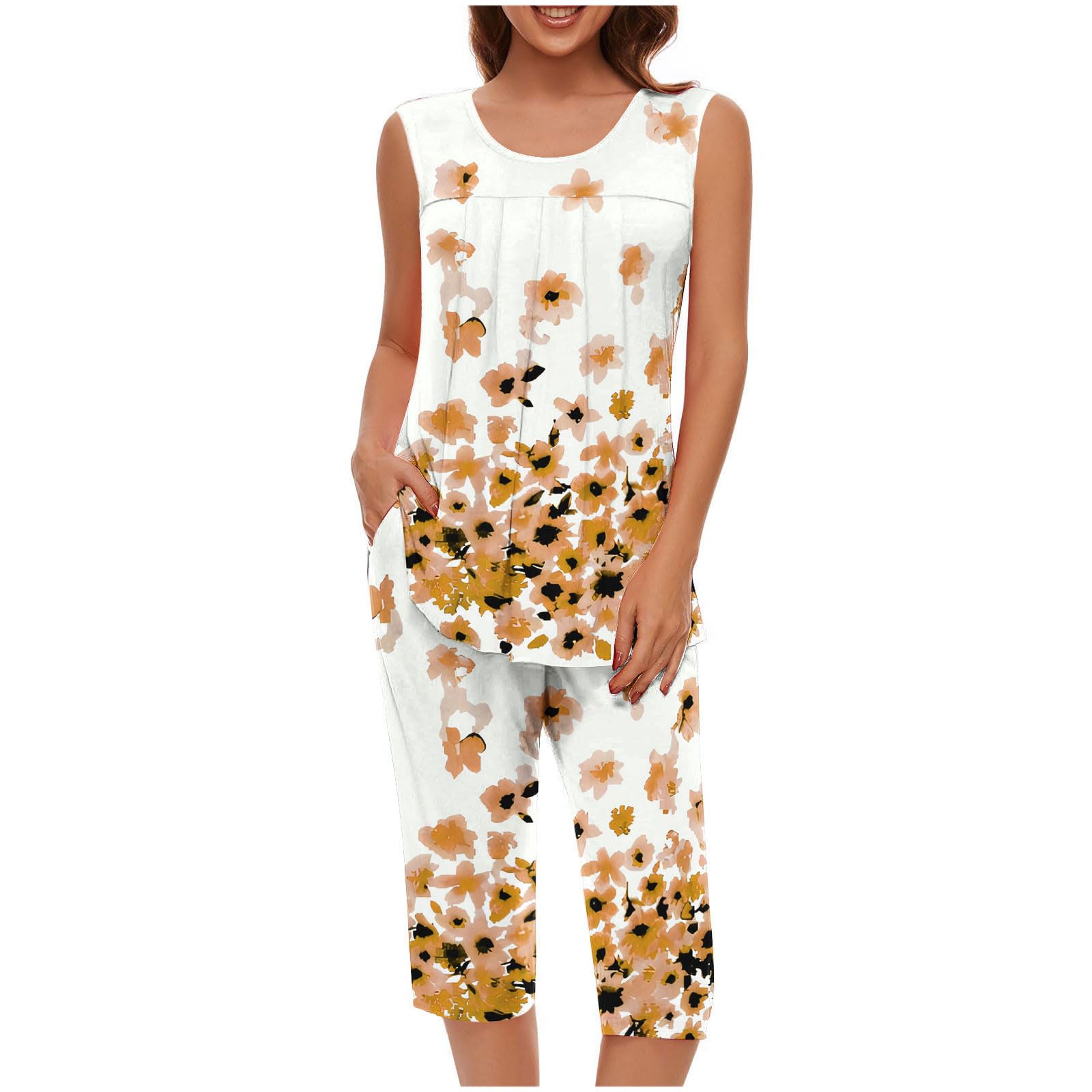 Pajama Sets for Women Summer Plus Size Lounge Sleepwear Loose Sleeveless Tops Printed Bermuda Shorts with Pockets — view 27