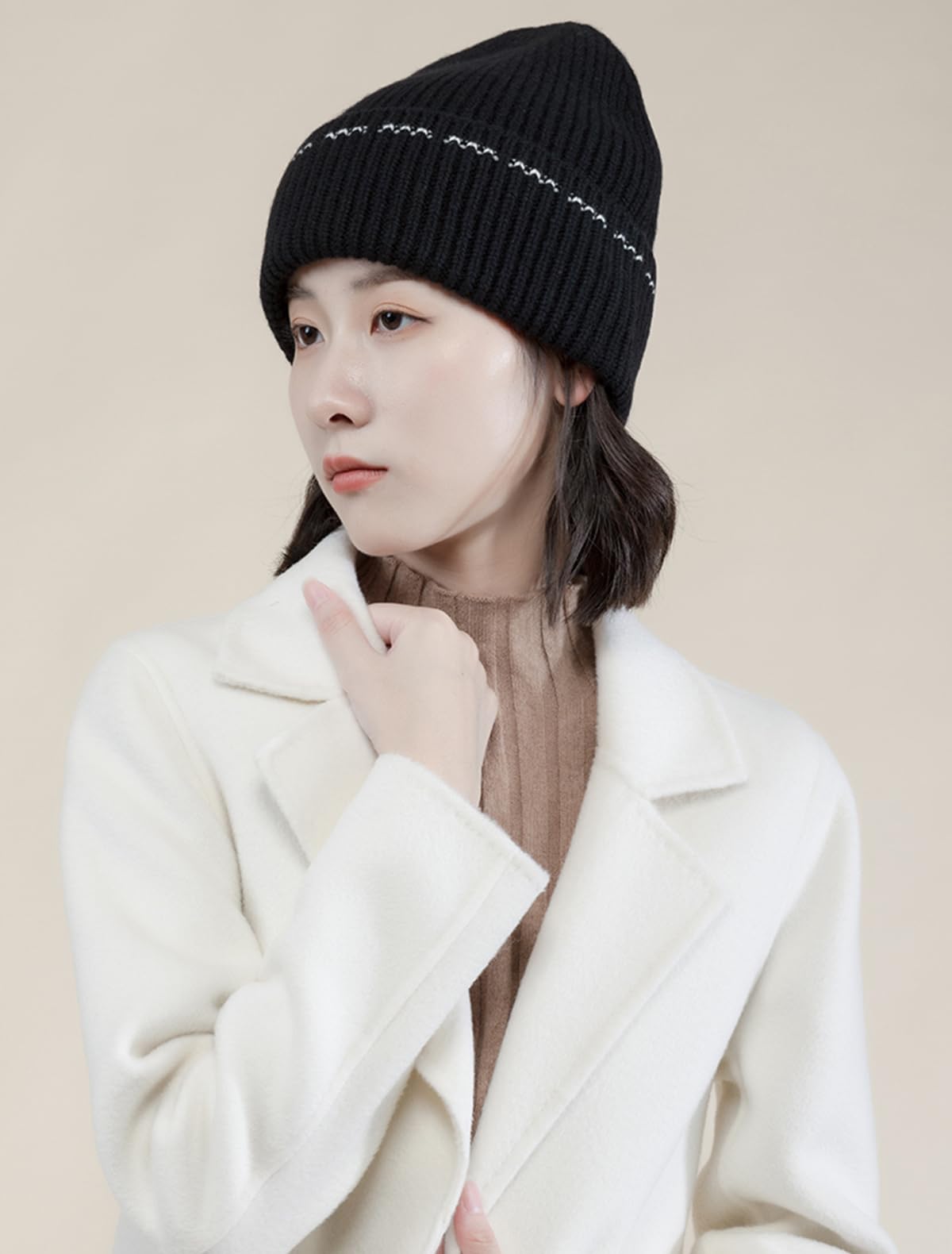 100% Kaschmir Cuffed Beanie Mütze für Damen Herren, Weiche Warme Strickmütze mit Bündchen, Winddicht Winterhüte Gestrickt Skull Cap, Unisex Outdoor Sportmütze zum Laufen Ski, Winter Geschenk Black F