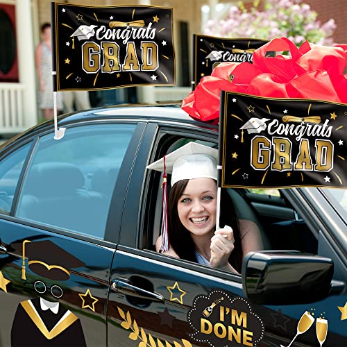 Cocnny 16Pcs Graduation Car Flag And Sticker Kit, Graduation Party Decoration, Class Of 2023 Congrats Grad Parade Car Decor, Car Flag With Flagpole For Graduate Celebration Supplies (Black Gold Style) #TOP6