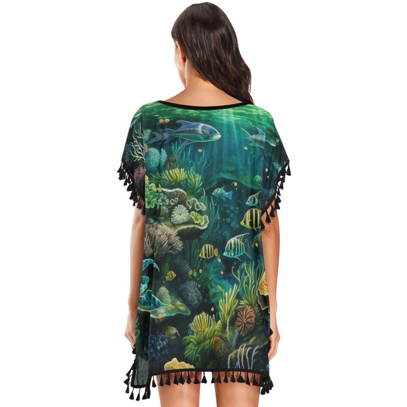Watercolor Art Ocean Animals Women's Beach Cover Up Chiffon Tassel Swimwear Swimsuit Coverups for Girl