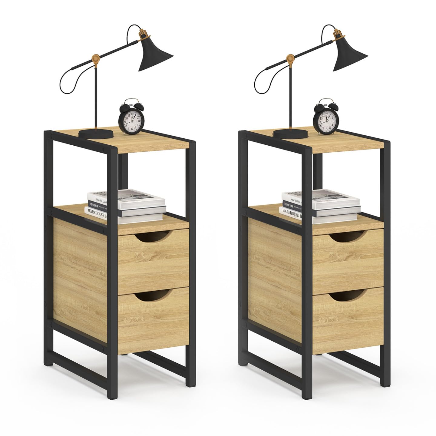 IDMarket - Lot de 2 Tables de Chevet Detroit 2 tiroirs et 1 Niche Bois et métal Noir Design Industriel