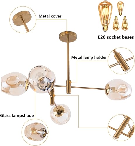 Miniatura 3 de Lámpara de techo moderna semiempotrada, lámpara de araña dorada de 4 luces de mediados de siglo con globo de cristal, iluminación de techo clásica