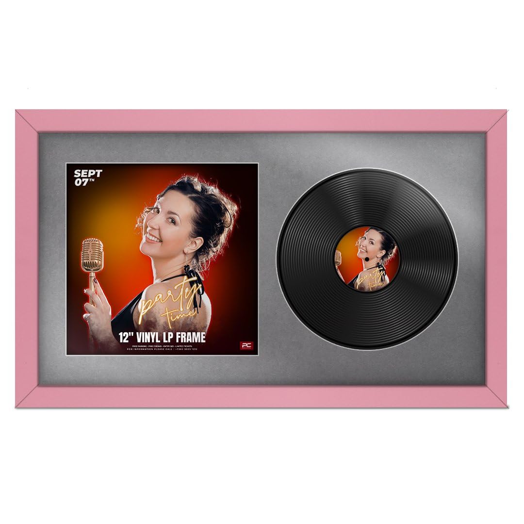Procut Global 30x17" Pink Vinyl Record Frame for 12 Inch LP Cover & Disc - Premium Display Modern Photo Frame - Engineered Wood with Shatterproof Perspex - Music Lover Gift - Mid Grey Mount