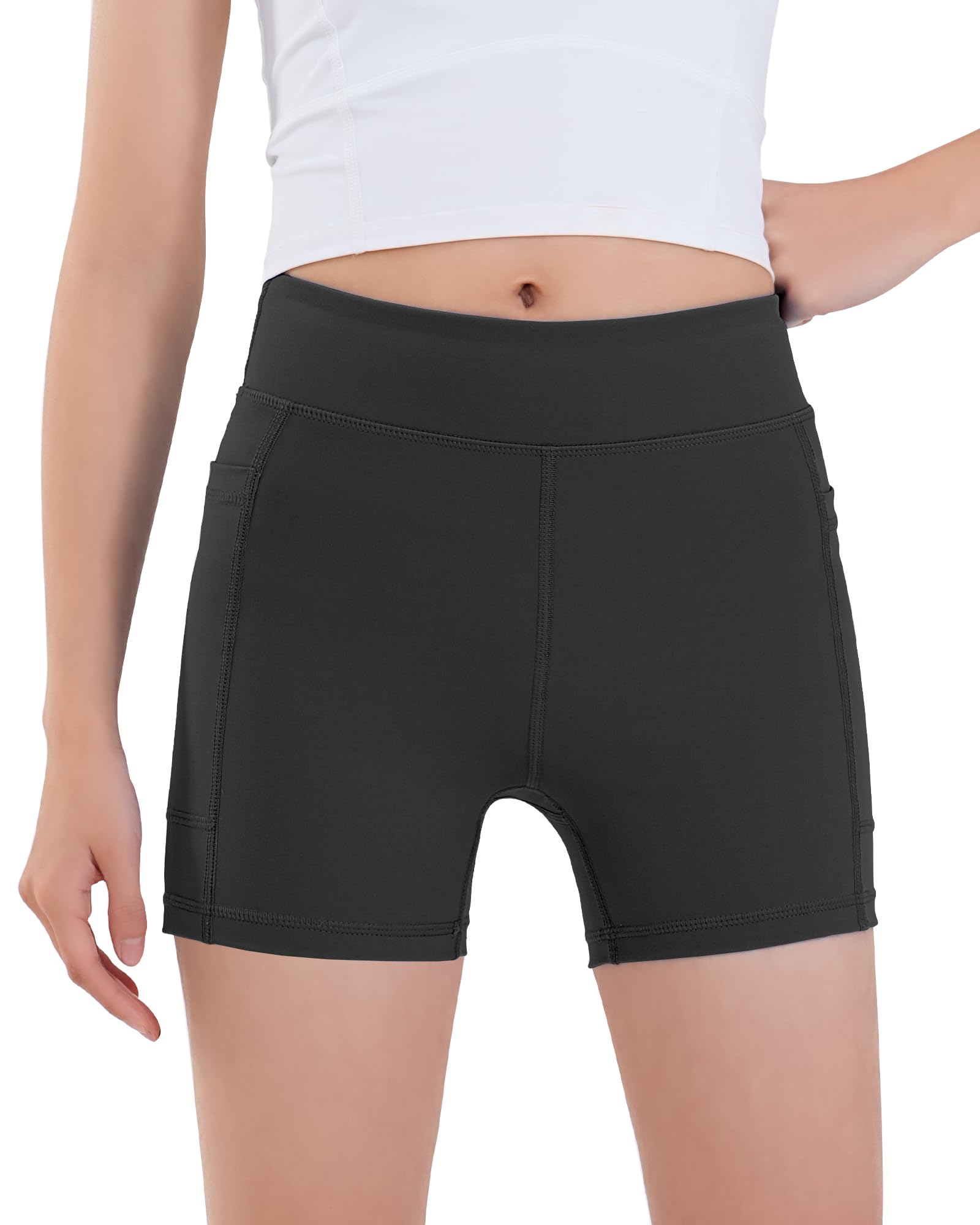 KEREDA Kurze Sporthose Mädchen Turnhose Kinder Radlerhose Teenager Sport Shorts Hosen Leggings mit Tasche,7-14 Jahre