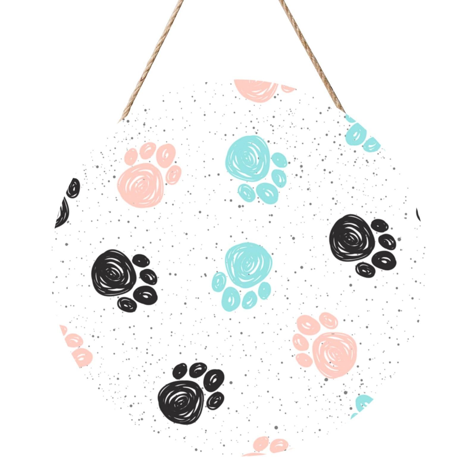 InOmak Dog Paw Print, Round Wood Panel Painting 12 in, Wall Hanging Painting For Home