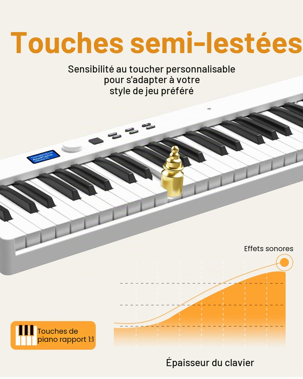 Piano pliable avec 88 touches avec écran LCD et boutons semi-lestés - Prise en charge MIDI Bluetooth - Clavier piano numérique avec sac de piano pour enfants - Cadeau d'anniversaire (blanc)