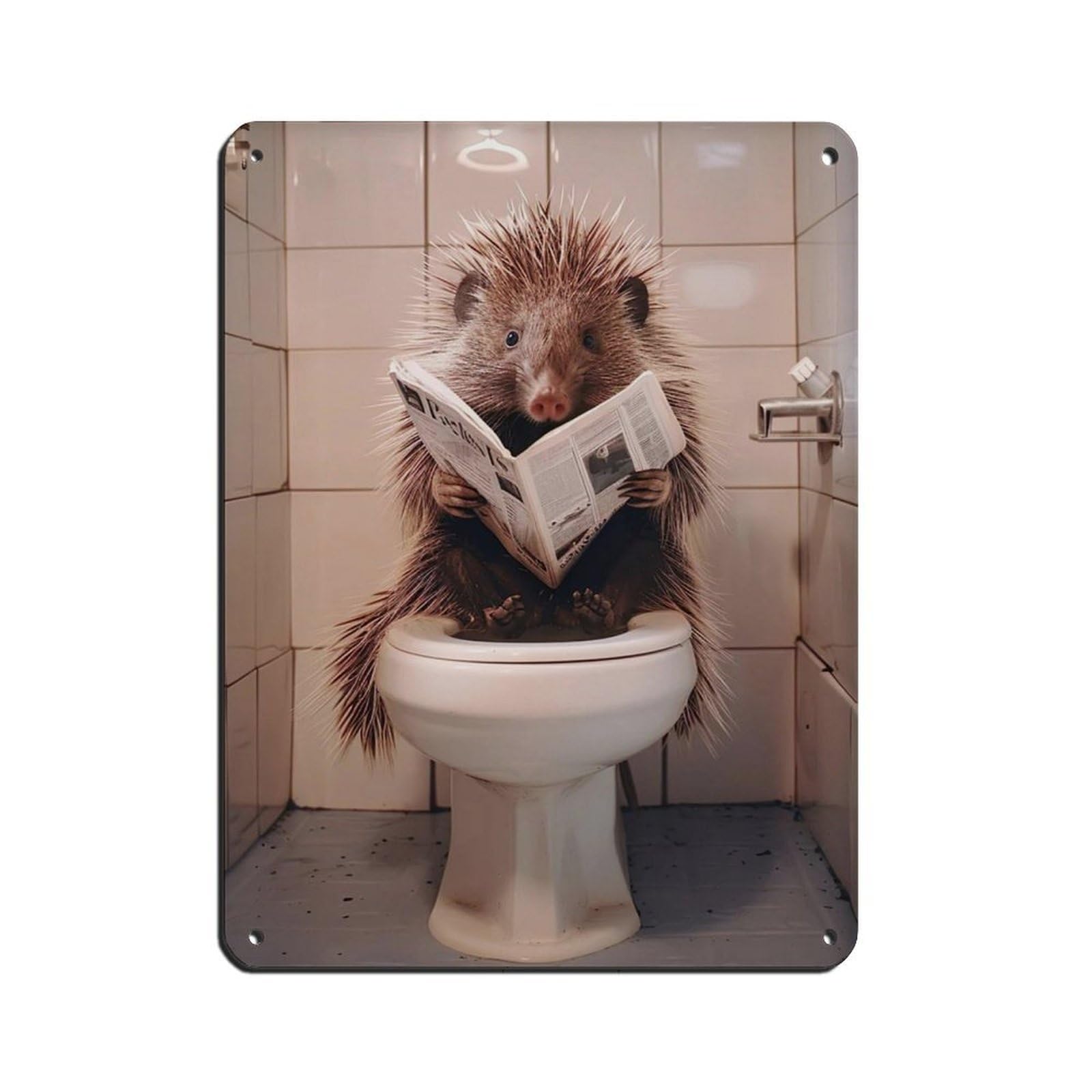 Porcupine Sitting on The Toilet Reading A Newspaper (8) Tin Sign Vintage Metal Pub Club Cafe Bar Home Wall Art Decoration Poster Retro 12x16inch(30x40cm)