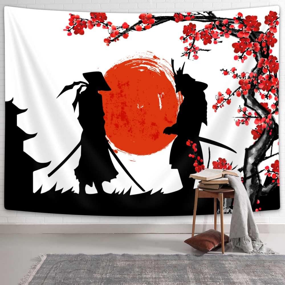 Japanese Tapestry, Anime Samurai Tapestry Cherry Blossom