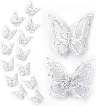 16pcs Butterfly Lace Trim, Double Layers Organza Butterfly Lace Fabric Embroidery Sewing DIY for Wedding Bride Hair Dress Hat Accessories White