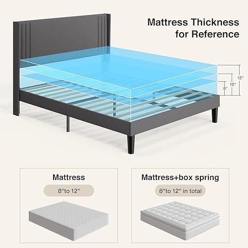 Miniatura 8 de Gizoon Base de cama matrimonial con cabecera de ala, plataforma tapizada con cabecera geométrica moderna, listones de madera, sin ruido, no necesita