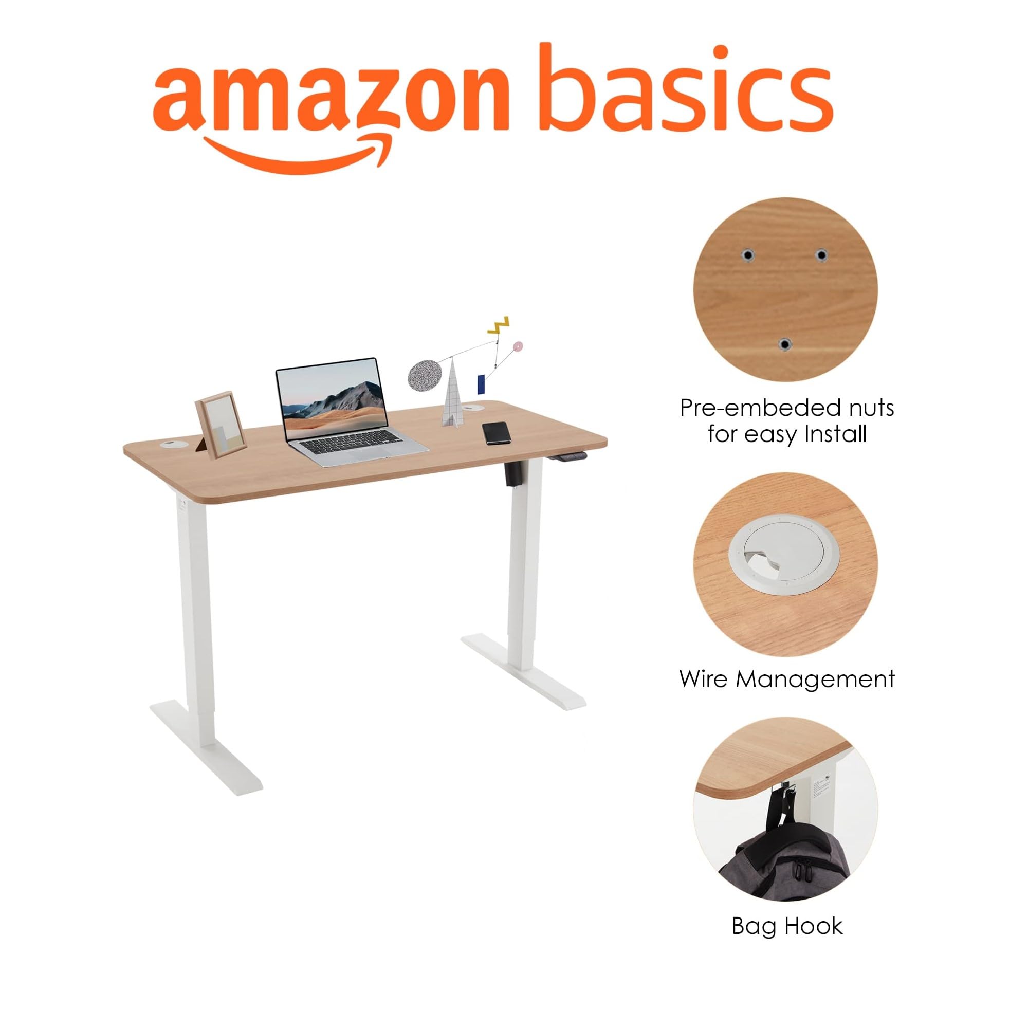 Amazon Basics Sitz-Steh-Schreibtisch, elektrisch höhenverstellbar, 120 x 60 cm, ergonomisch, mit einfacher Bedienung, Tischplatte aus Buchenholz, weißer Rahmen