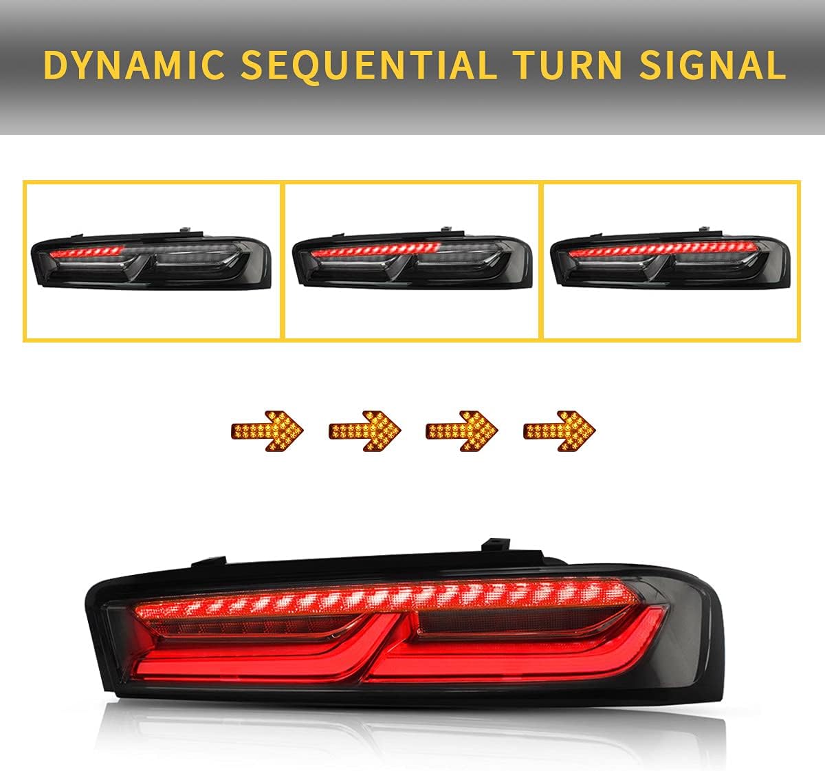 VLAND LED Smoked & Clear Tail Lights Compatible for [2016 2017 2018 Chevrolet Chevy Camaro Coupe] With Sequential Red Turn Signal lights