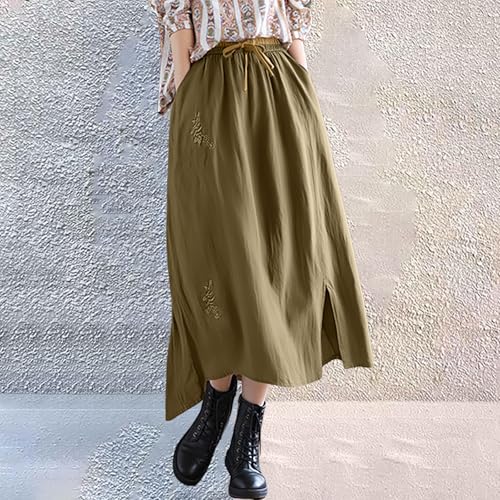 Womens Cotton Linen Embroidery Skirt, High Waisted Flowy Maxi Anthropologie Skirts, 2025 Summer Fall Boho Casual Outfits2