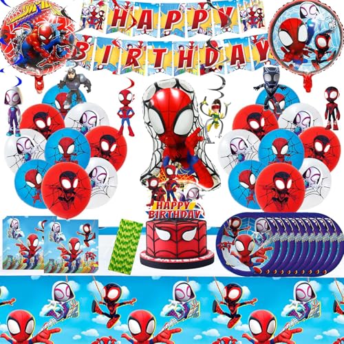 Jungen Geburtstags deko 85 Stück Kinder geburtstag Deko set Enthält Banner Folien Luftballons Tortenaufsatz Swirl Decoration Tischdecke Teller Servietten Helden-Geburtstagsdekorationen