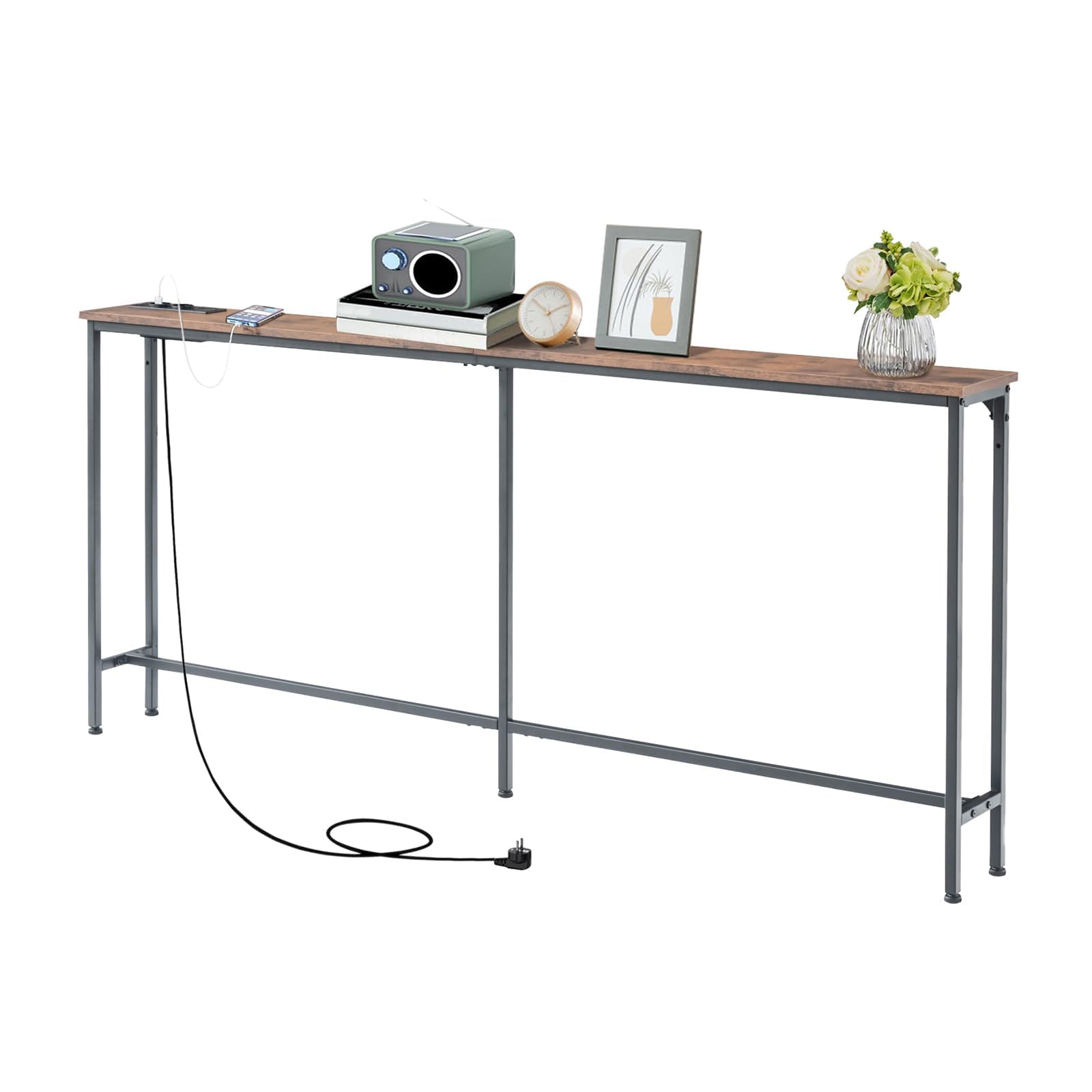 Tavolo Consolle da 180 cm con 2 Prese e 2 Porte USB, Tavolo Consolle d'Ingresso Stretto da 20 cm di Larghezza, Mobile Dietro il Divano per Soggiorno, Ingresso, Corridoio, Hall, Marrone e Nero