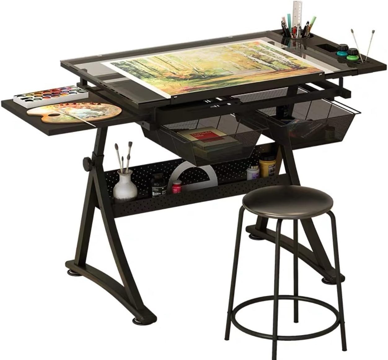 Mesa de dibujo ajustable con taburete, escritorio de arte ajustable en altura, mesa de dibujo de vidrio templado, estación de trabajo versátil para profesionales creativos