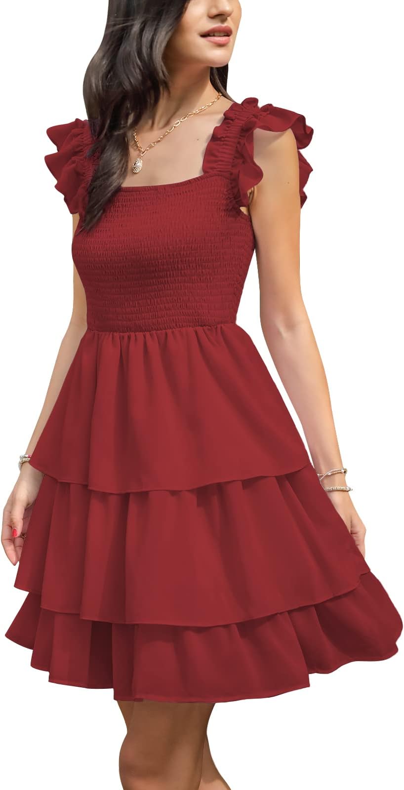 ByinnsWomens Square Neck Sleeveless Ruffle Dress High Waist Backless Tiered Smocked Strappy Casual Short Mini Dresses