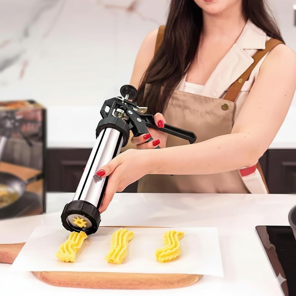 Churrera profesional de acero inoxidable 304 sin BPA y certificada por la UE – Kit para churros, porras y galletas con manga pastelera 41 cm, 12 discos, 7 boquillas y recetas online — view 6