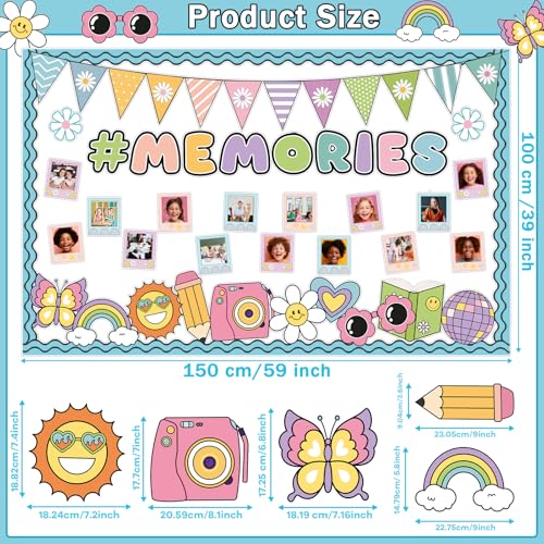 Image of Groovy End of Year Bulletin Board for Classroom Decoration 2026 Graduation Memories Boho Retro Hippie Bulletin Board Set Rainbow Cutouts Daisy Diy Photo Picture Frame for Chalkboard Wall Teacher