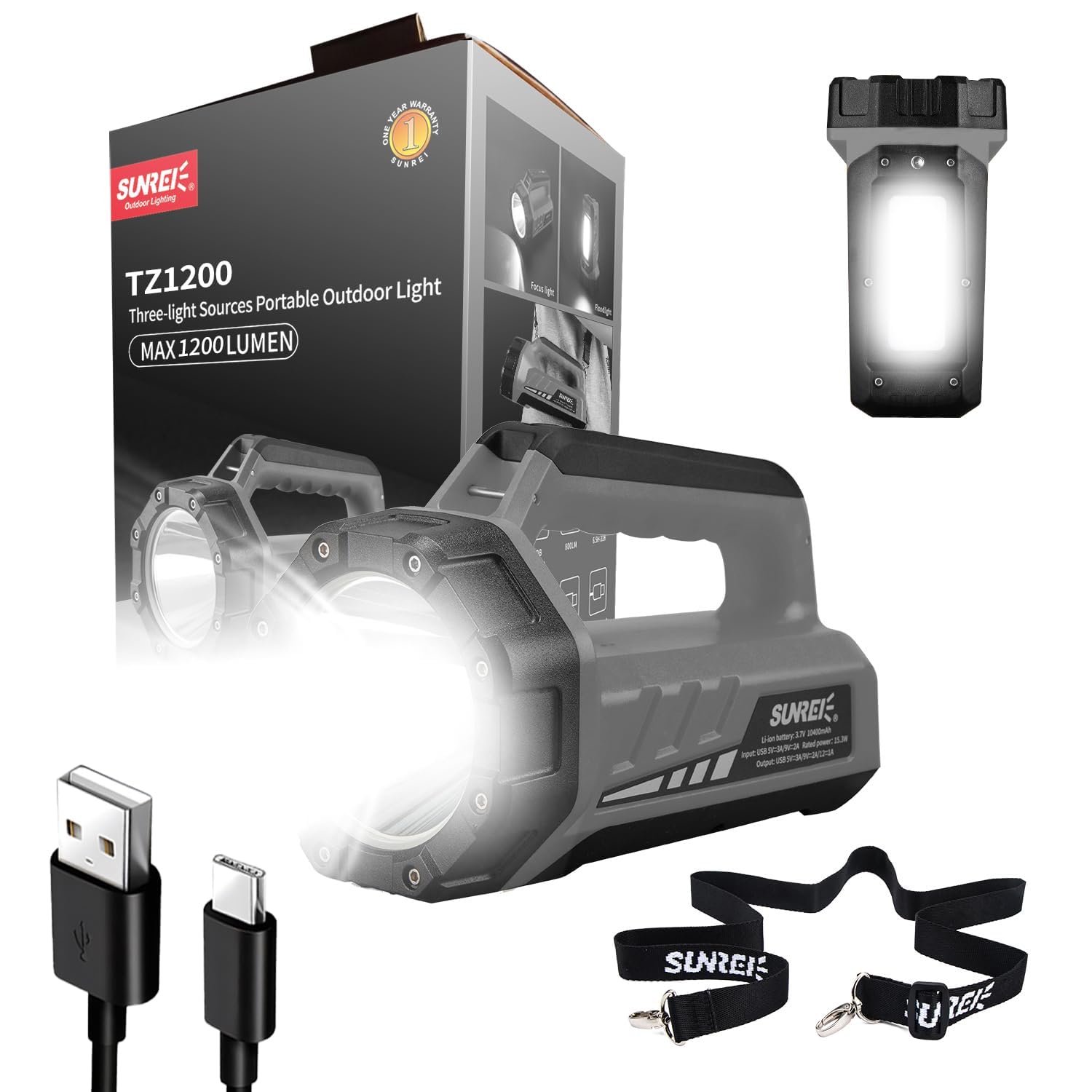 SUNREI Torcia LED ricaricabile 1200 lumen, torcia portatile da campeggio con 8 modalità di illuminazione, batteria esterna 10400 mAh, resistente AGU grigio