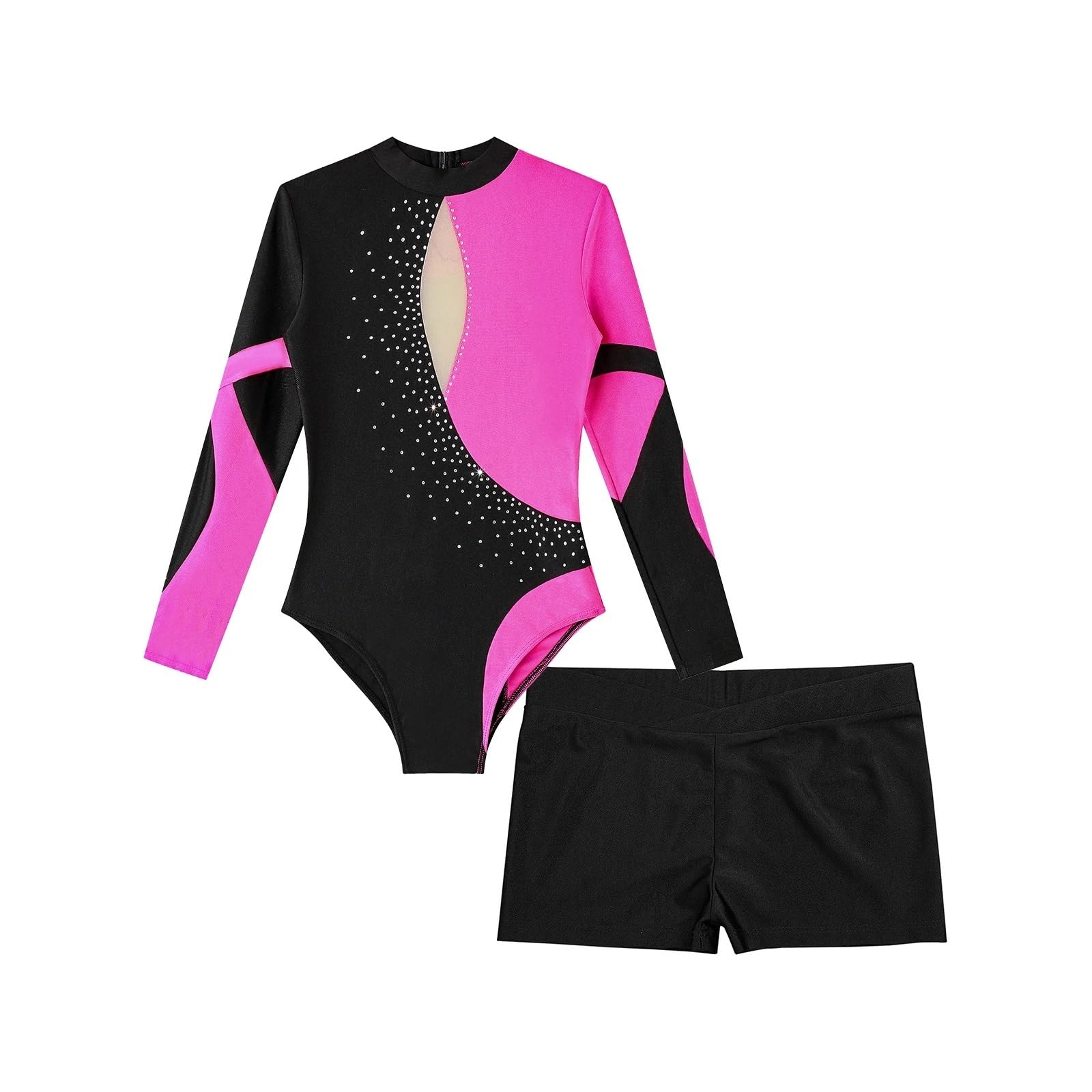 Turnanzug Mädchen Mädchen Ballettanzug Gymnastikanzug Eiskunstlauf Kostüm Langarm Rückenfrei Glänzend Strass Bodysuit mit Shorts