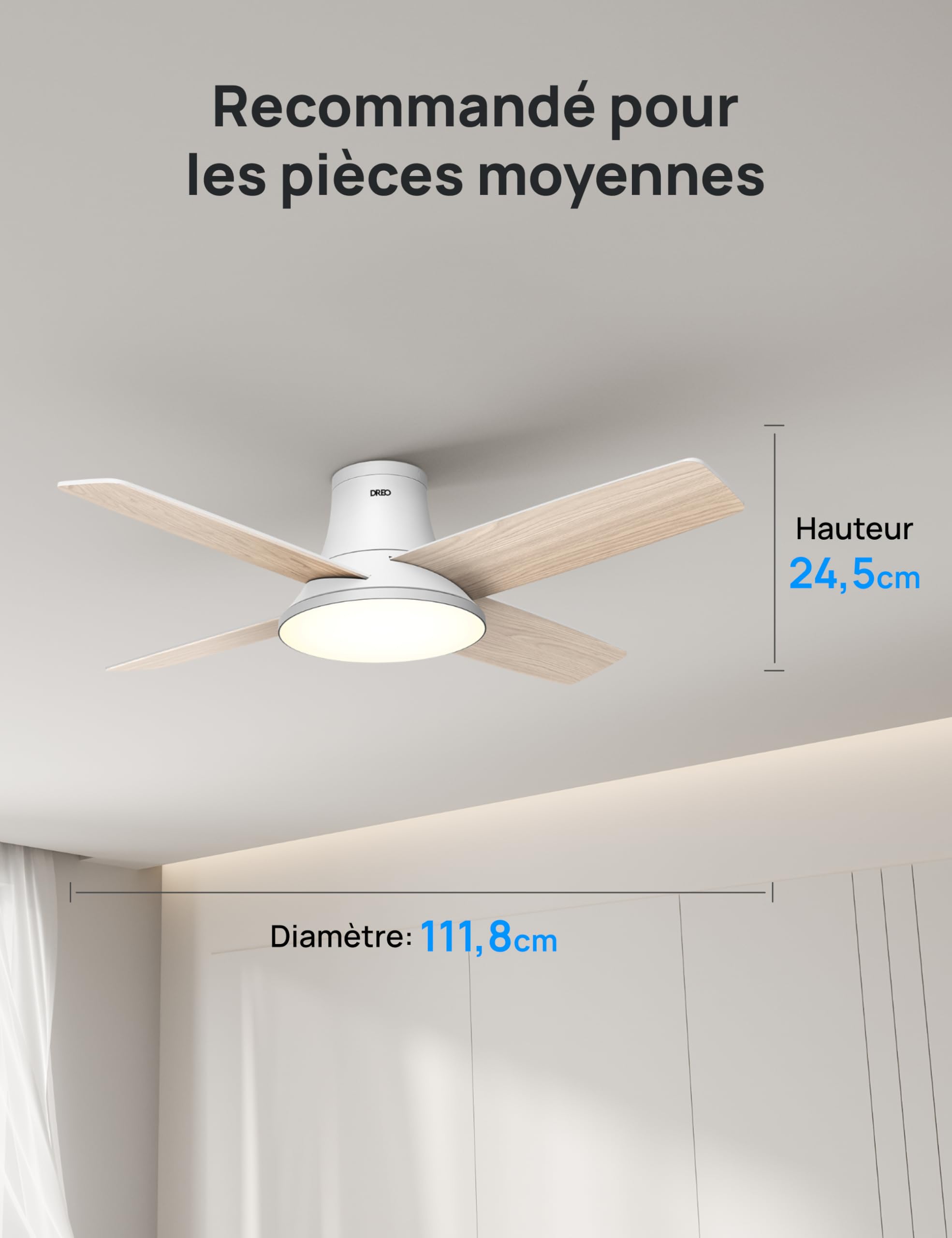 DREO ventilateur de plafond avec lumière, 12 vitesses, 3 modes, moteur CC silencieux, montage facile, LED dimmable, télécommande et minuterie 12 h, ventilateur de plafond blanc pour chambre et salon