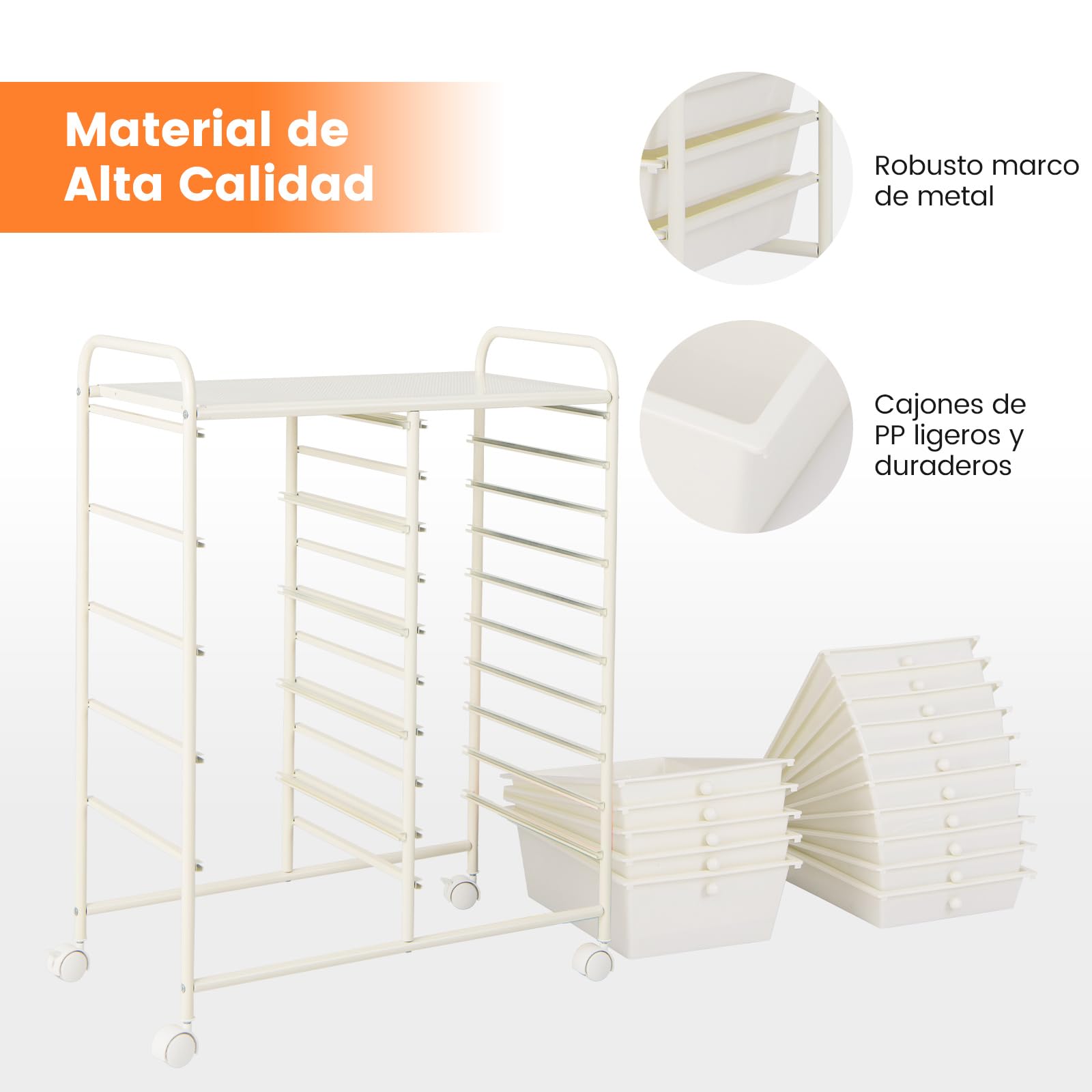 COSTWAY Carrito Auxiliar con Ruedas, Carro Almacenaje con 15 Cajones Apilables, Carrito Organizador con Ruedas Bloqueables de Metal para Cocina Oficina, Baño, 37x63x87cm (Blanco)