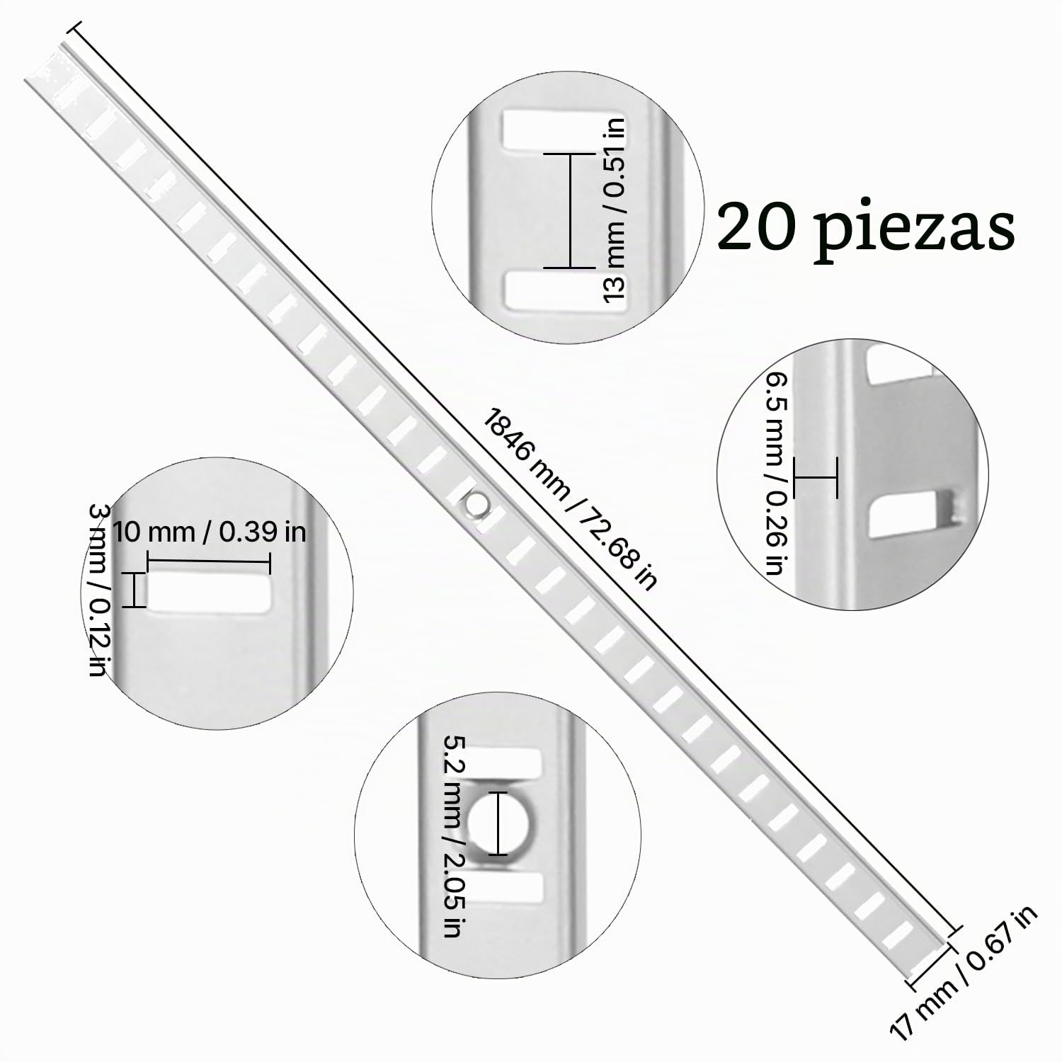 VEVOR 20 PCS Riel Horizontal para Estante de 1846 x 17 x 6,5 mm, Soportes Ajustables de Acero Inoxidable con 140 Tornillos Ideales para Estanterías de Pared, Armarios y Organización, Plata